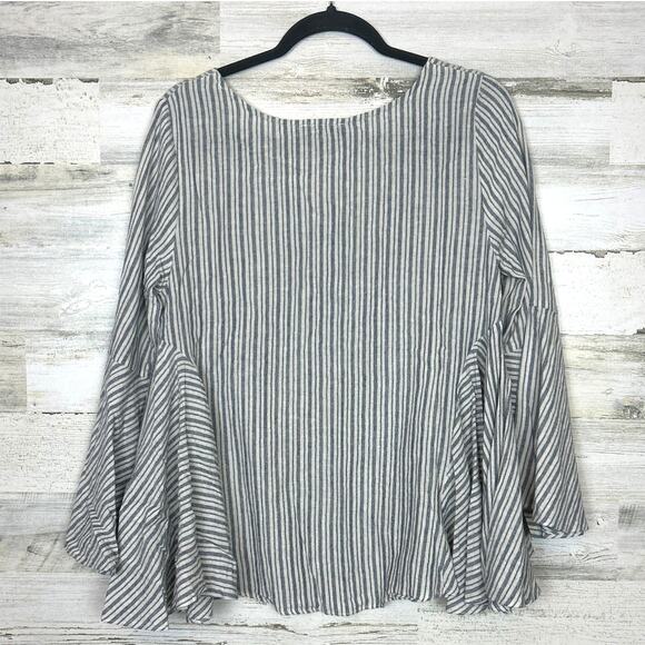 POL Women’s S Oversized Blue White Striped Long Bell Sleeve Blouse Top NEW - Picture 2 of 5